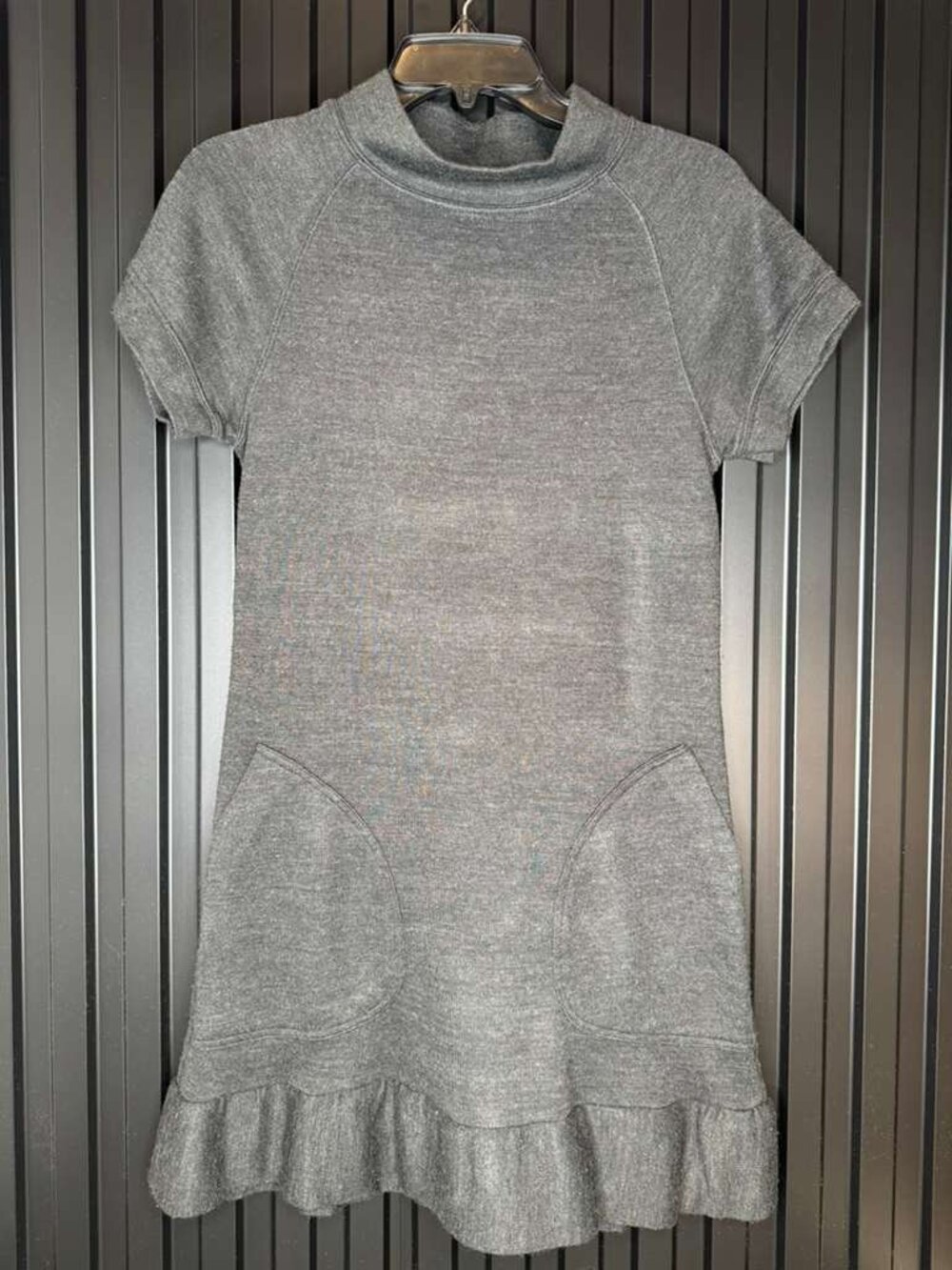Zara Heather Grey Mini Dress Ruffle Hem Short Sleeve Mock Neck Pockets Size Medi
